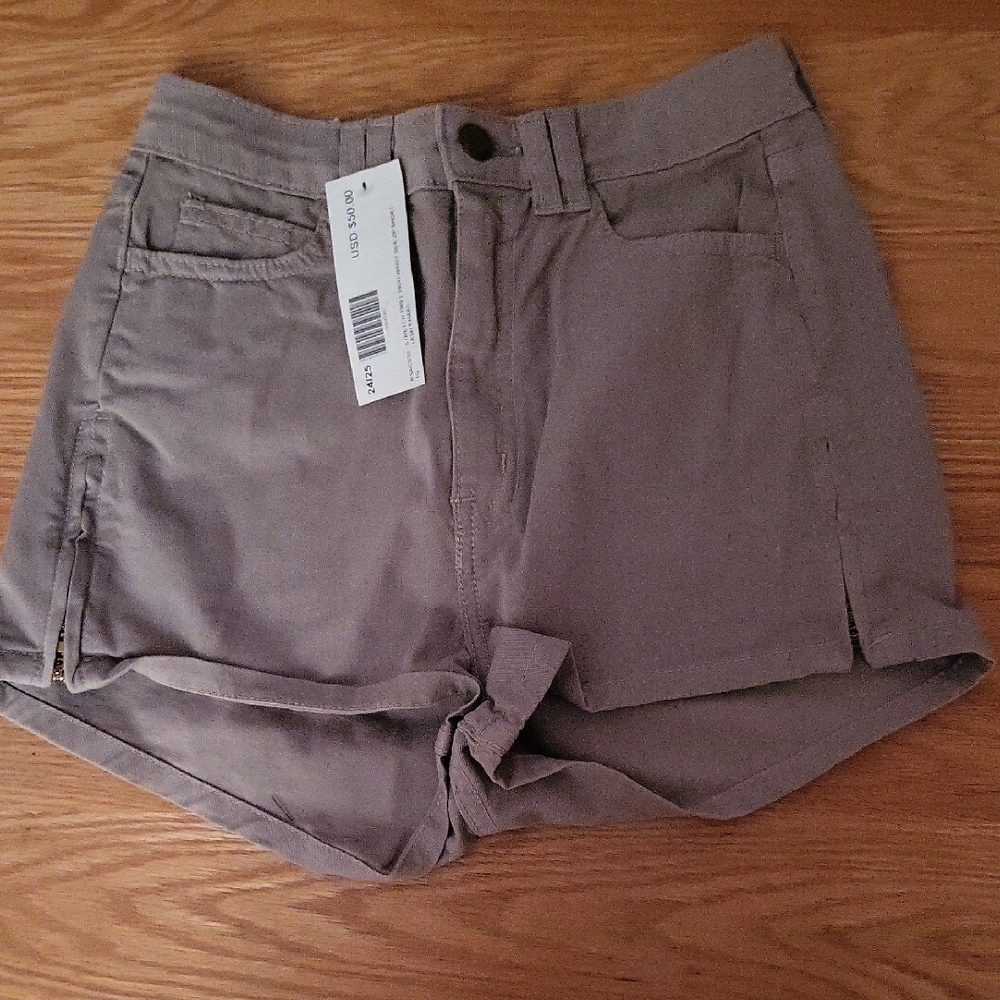 American Apparel Tan AshKhaki Shorts Side Zip Side 24/25 Stretch Twill HighWaist